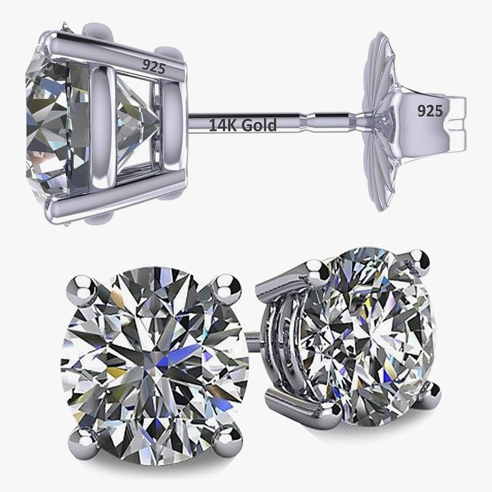 🌷14KT Real Solid Gold post & Silver Simulated Diamond 3.0 carat stud earrings